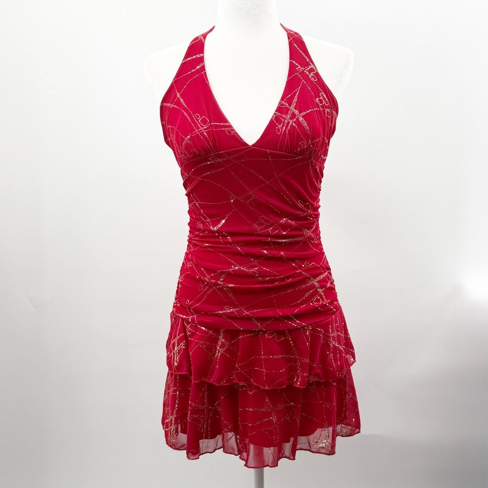Vintage Y2K Sparkly Halter Fairy Mini Dress in Red Gold Glitter Size M